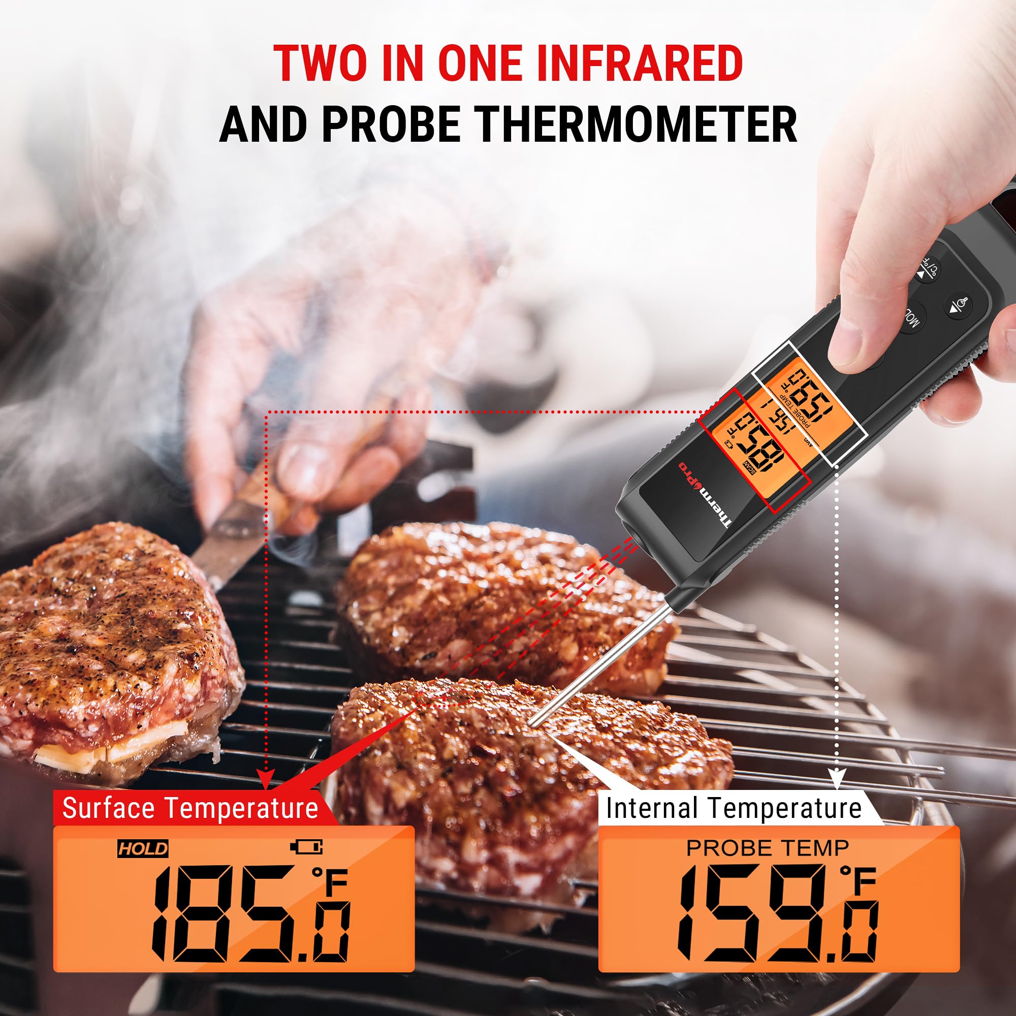 ThermoPro TP420 meat probe in use for precise internal temperatures.