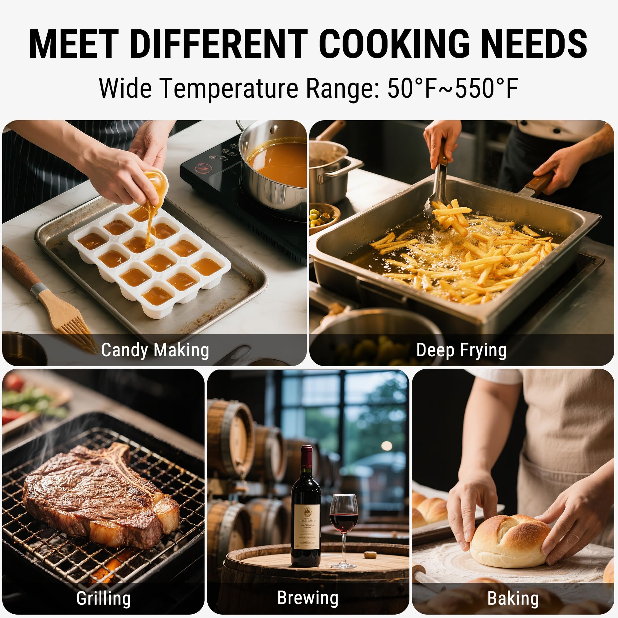ThermoPro wide 50–500°F range ideal for candy and frying applications.