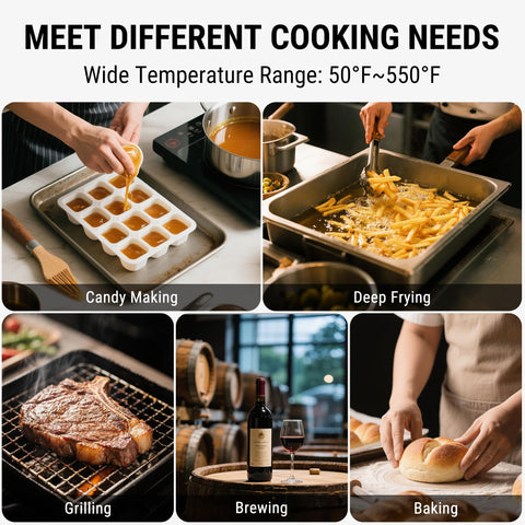 ThermoPro wide 50–500°F range ideal for candy and frying applications.