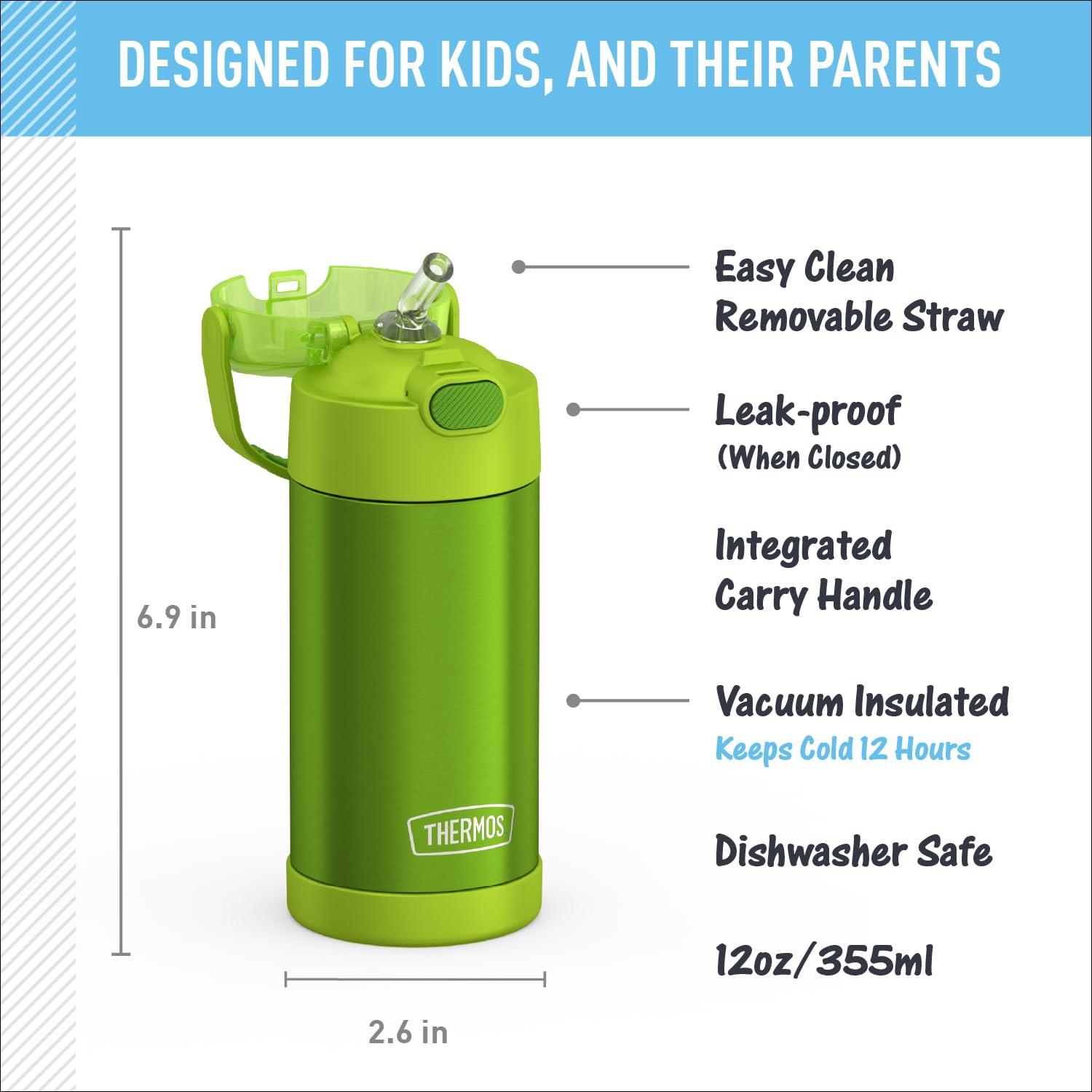 THERMOS FUNtainer 12oz bottle handle provides comfortable, kid-friendly carrying.