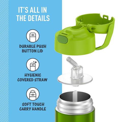 THERMOS FUNtainer 12oz bottle lid button for quick one-handed opening.