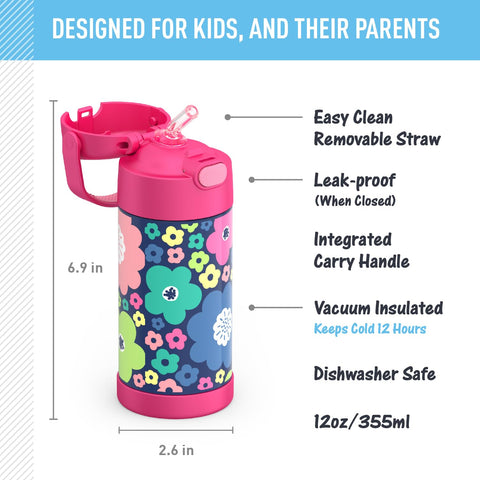 THERMOS FUNTAINER 12oz bottle side view with integrated handle for easy carrying
