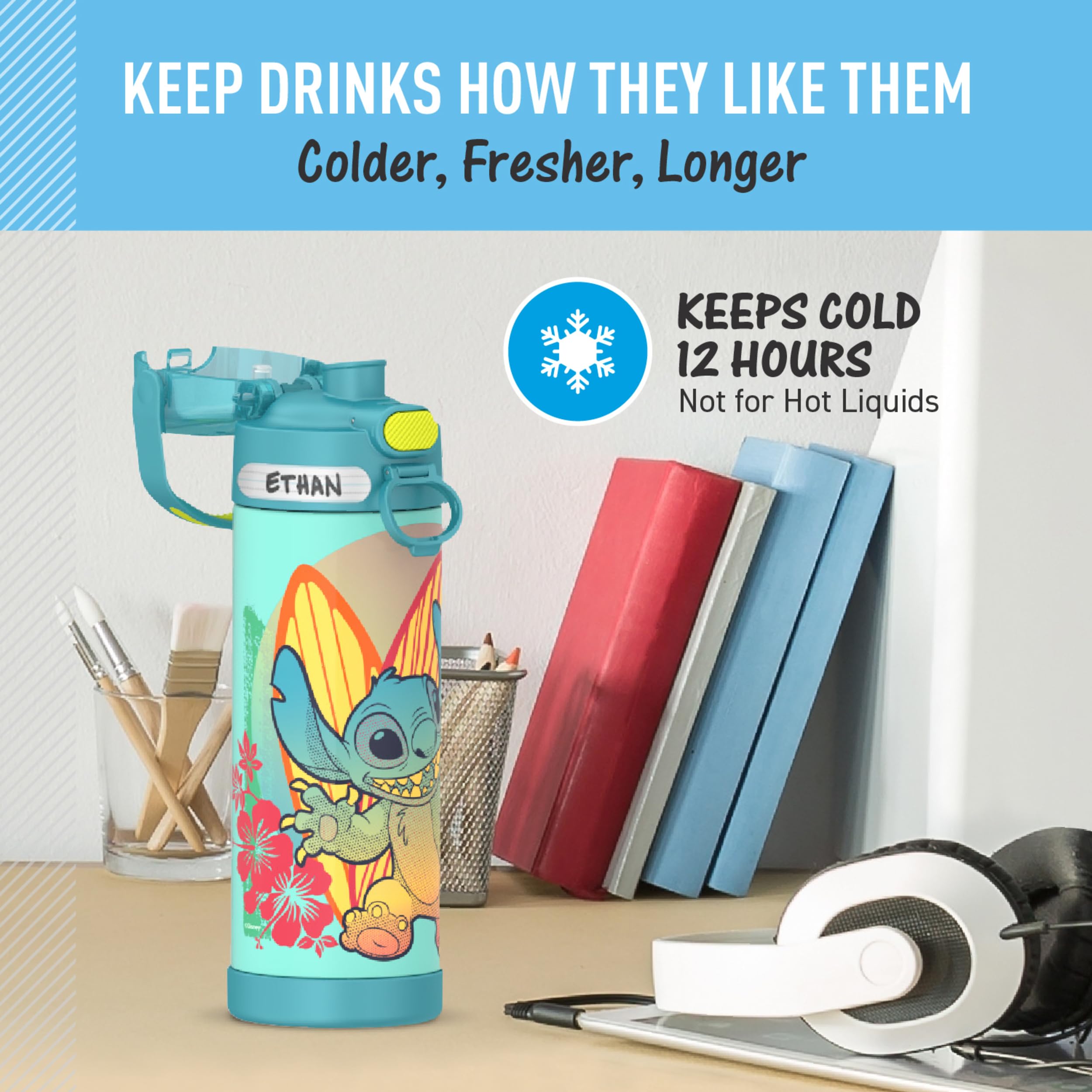 THERMOS FUNTAINER 16oz stitch bottle handle; soft-touch grip for easy carrying