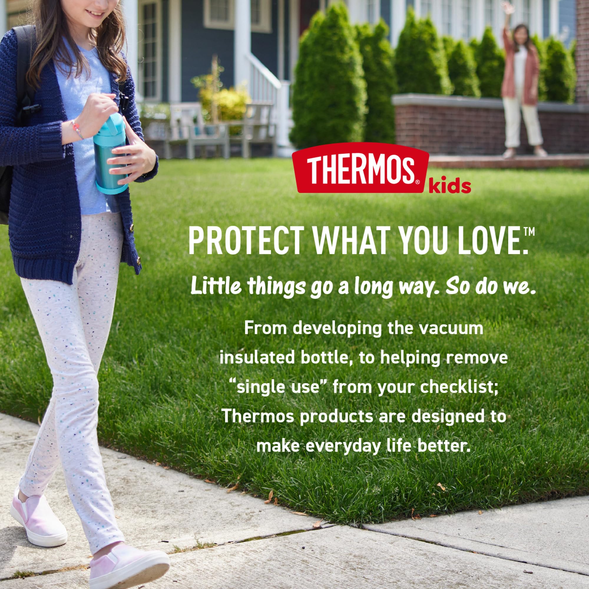 THERMOS FUNTAINER 16oz stitch bottle in use; ideal for school and playtime