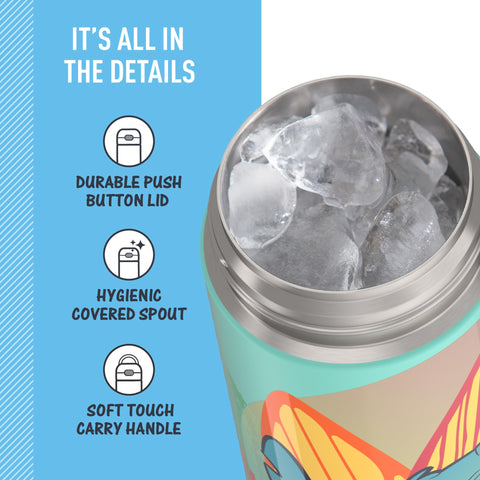 THERMOS FUNTAINER 16oz stitch bottle lid closeup; push-button lid for one-handed access