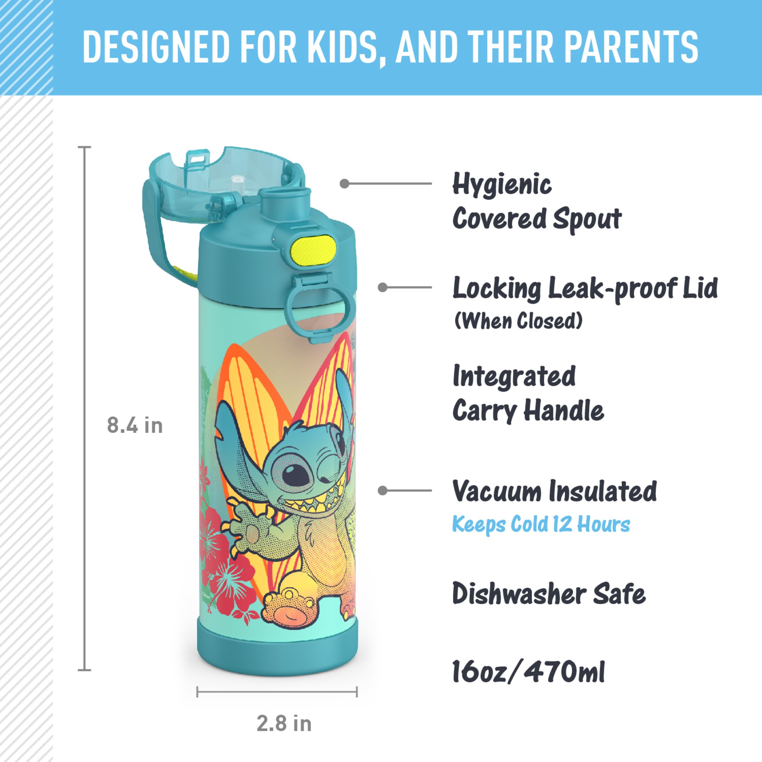 THERMOS FUNTAINER 16oz stitch bottle side view; keeps drinks cold during outings