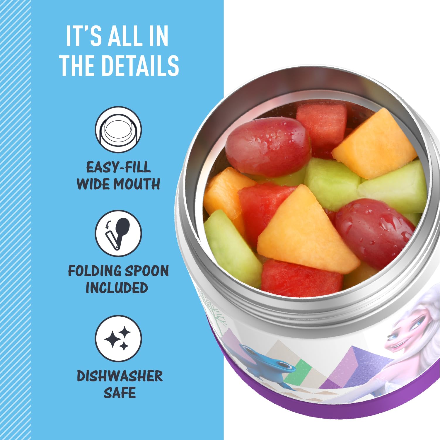 THERMOS FUNTainer 18/8 stainless steel body resists daily bumps.