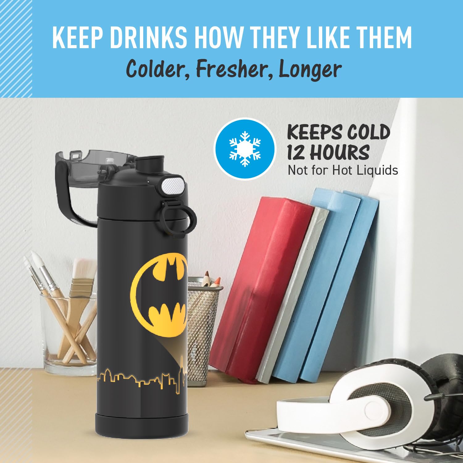 THERMOS FUNtainer Batman bottle keeps beverages cold for hours on field trips.