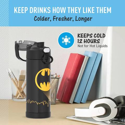 THERMOS FUNtainer Batman bottle keeps beverages cold for hours on field trips.