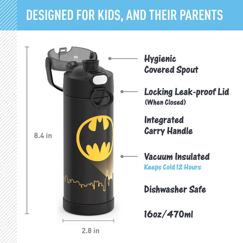 THERMOS FUNtainer Batman bottle’s durable stainless steel withstands drops during school days.