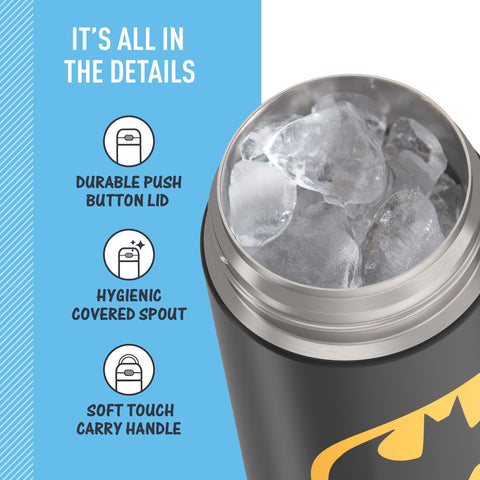THERMOS FUNtainer Batman bottle features hygienic spout to reduce germ exposure.