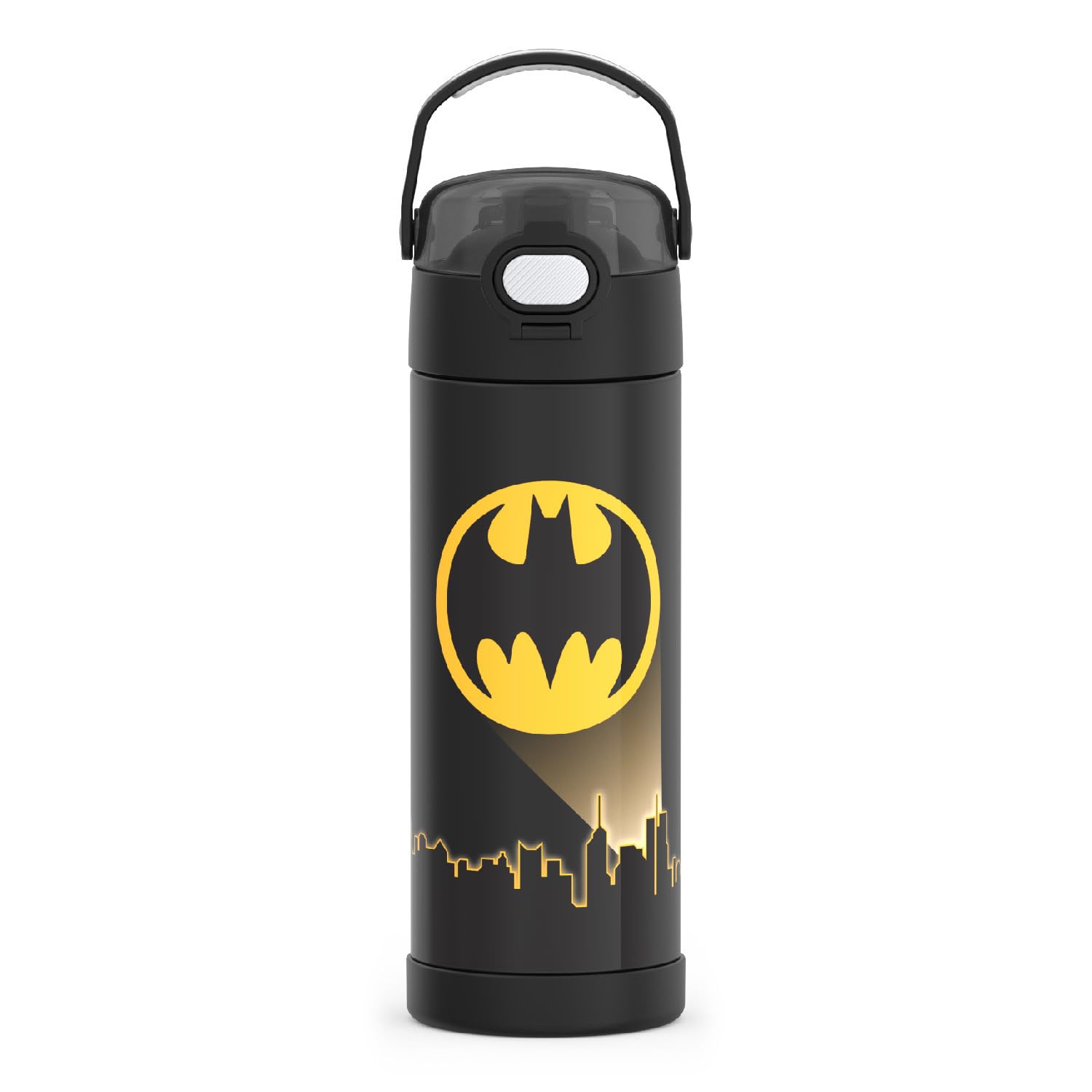 THERMOS FUNtainer Batman bottle with spout lid keeps drinks easy to sip on the go.