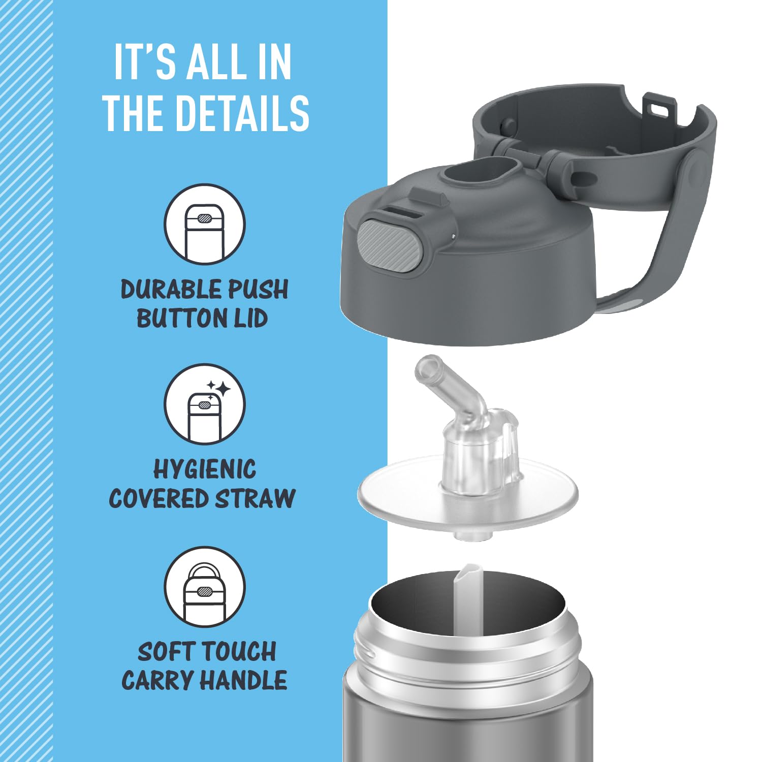 THERMOS FUNtainer durable kid bottle resists dings during daily adventures.