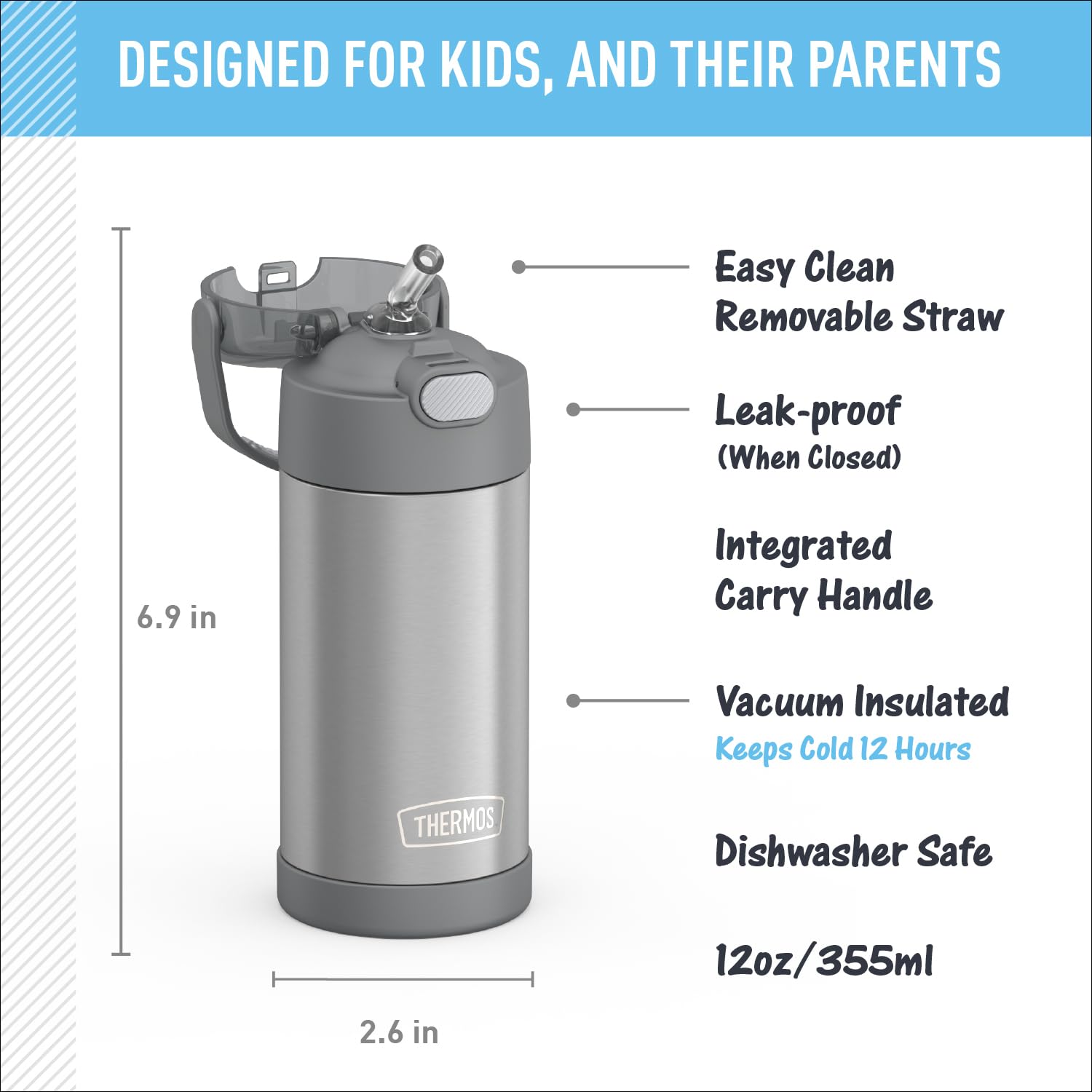 THERMOS FUNtainer stainless steel construction endures daily drops.