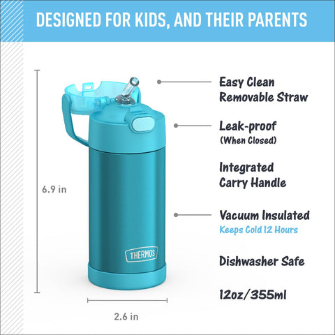 Thermos FUNtainer teal straw lid for easy one-hand access during school