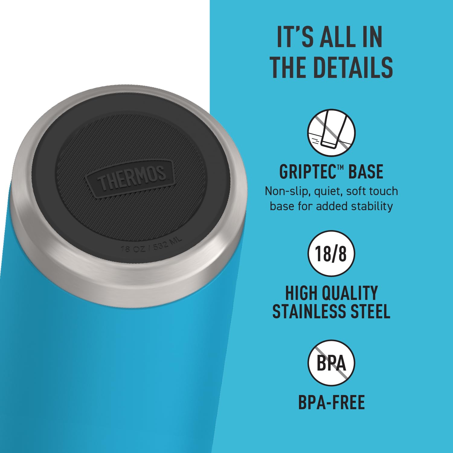 THERMOS ICON SERIES 18oz dark teal bottle GRIPTEC base in view