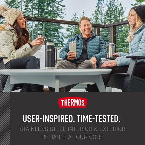 THERMOS Icon Series granite bottle with Traverse handle for travel.