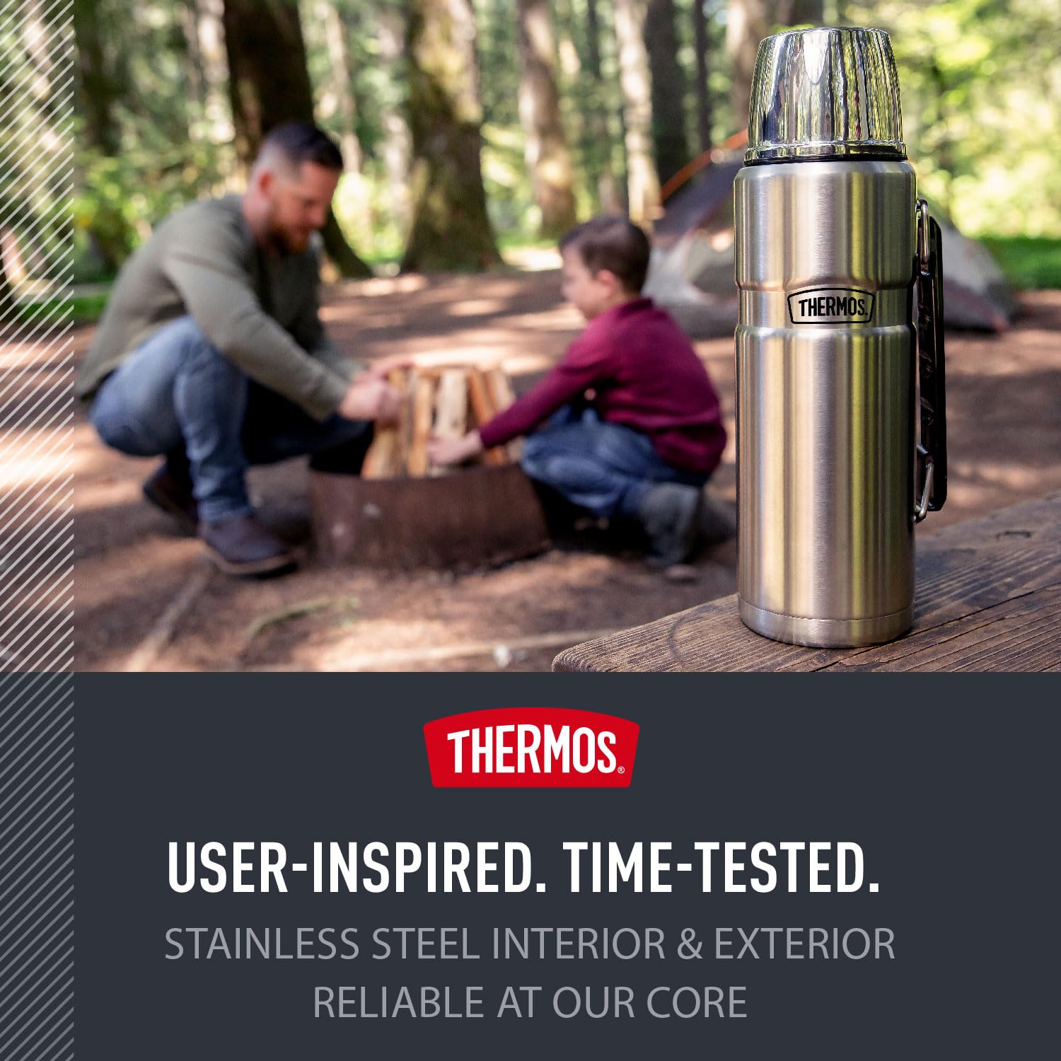 THERMOS Stainless King carry-handle design enables easy transport on hikes.