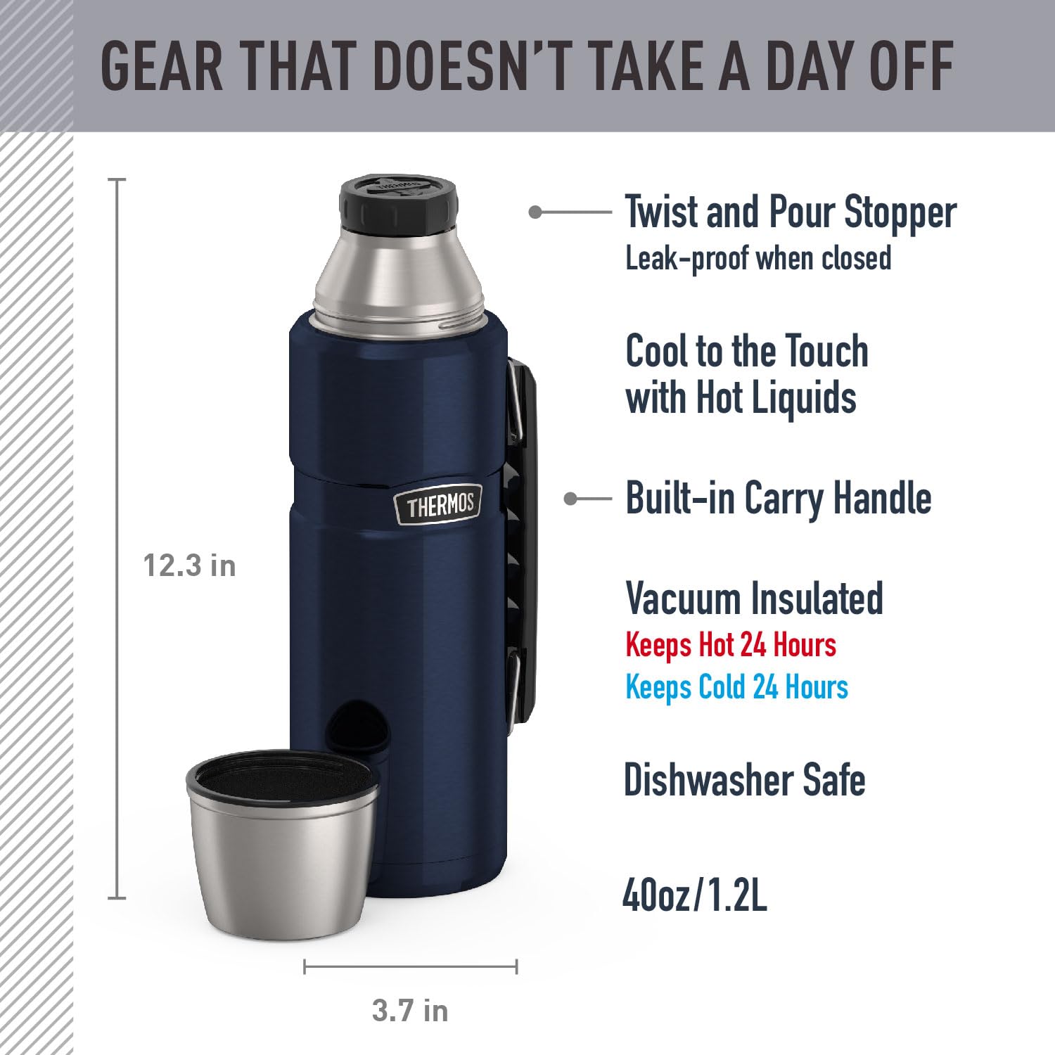 THERMOS Stainless King lid-serving-cup highlights built-in cup for sharing on trips.