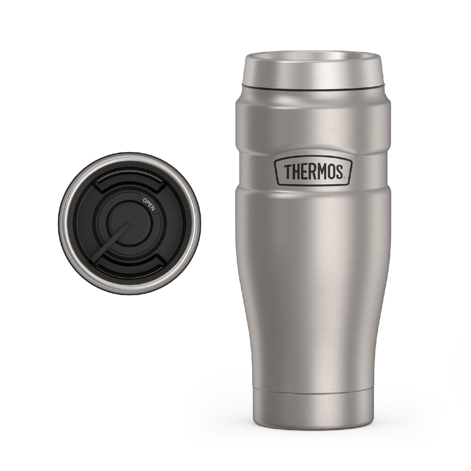 THERMOS Stainless King 16 oz front view, keeps beverages hot or cold.