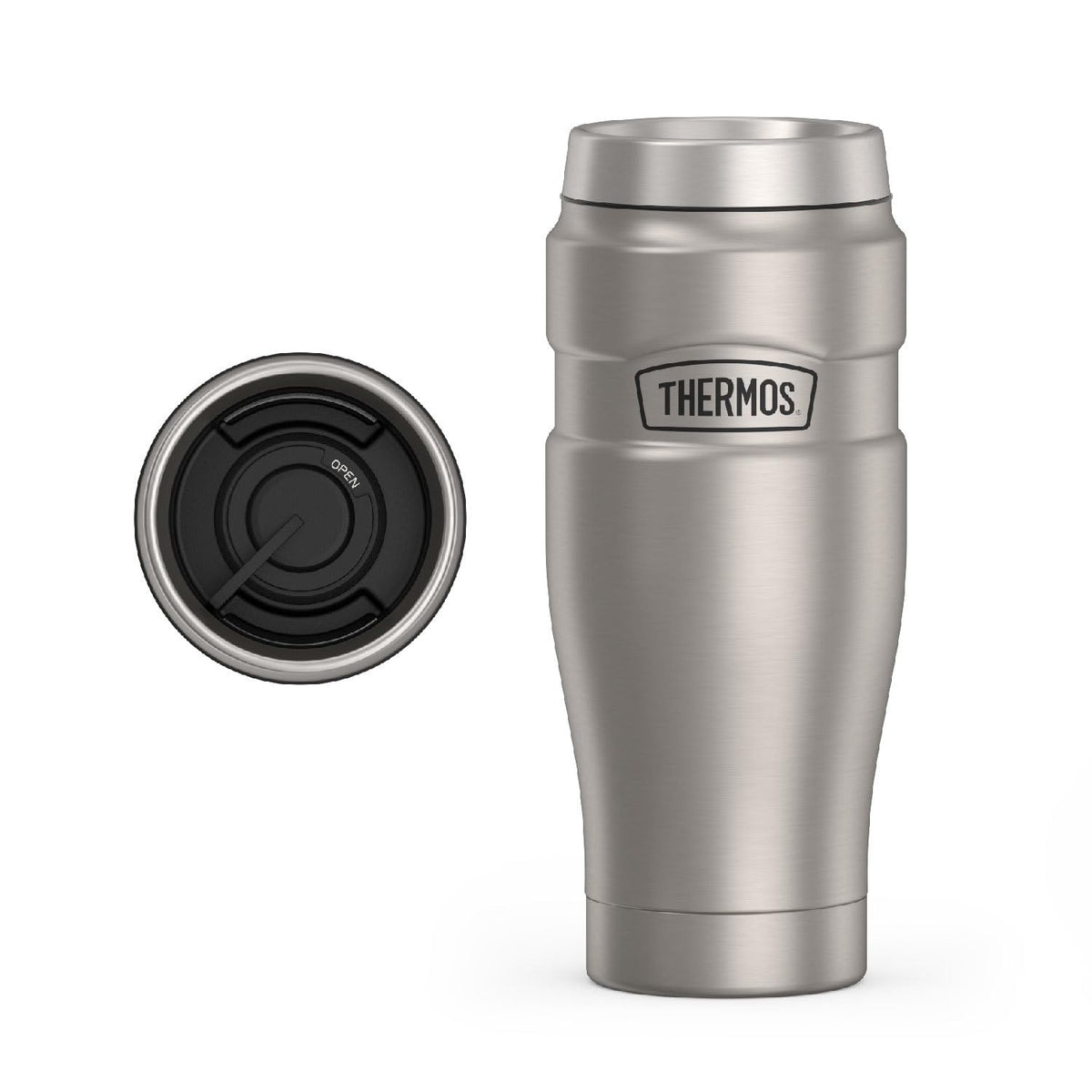 THERMOS Stainless King 16 oz front view, keeps beverages hot or cold.