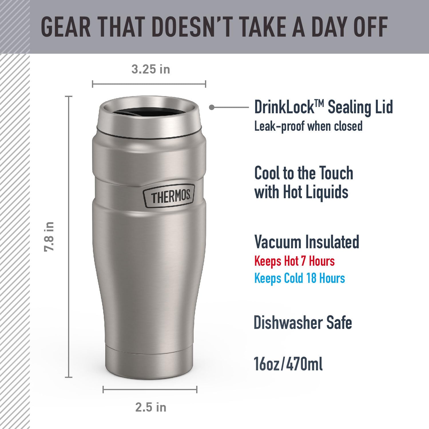 THERMOS Stainless King lid close-up, leak-proof for mess-free travel.