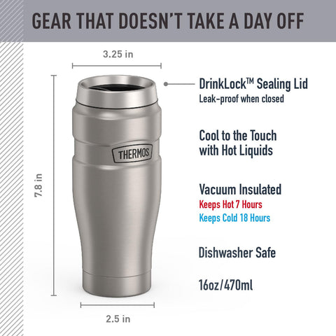 THERMOS Stainless King lid close-up, leak-proof for mess-free travel.