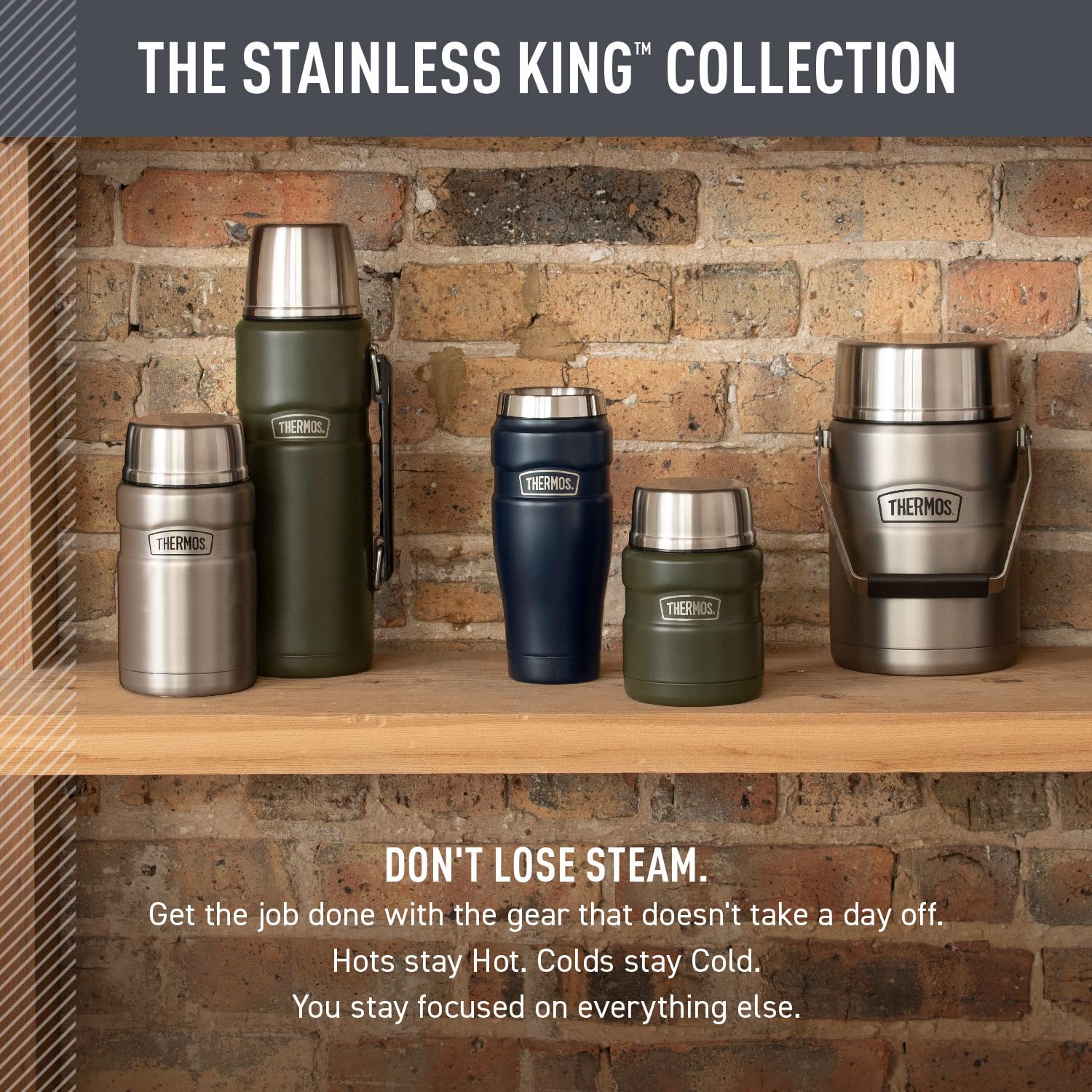 THERMOS Stainless King on desk, perfect for daily commute and coffee.