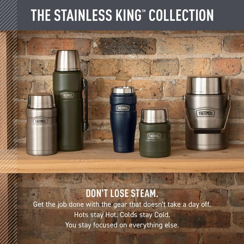 THERMOS Stainless King on desk, perfect for daily commute and coffee.