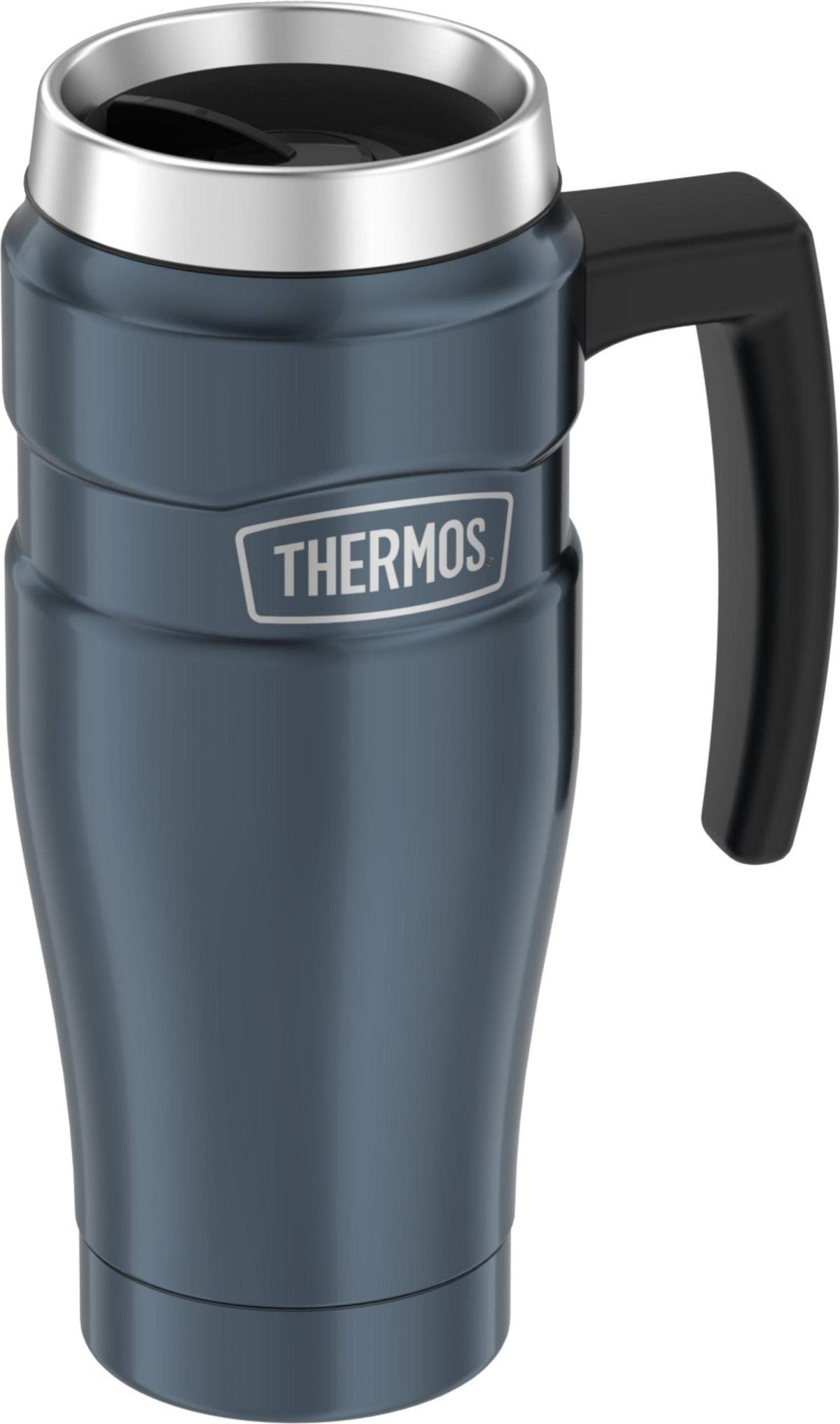 THERMOS Stainless King travel mug in slate keeps hot drinks hot and cold drinks cold.