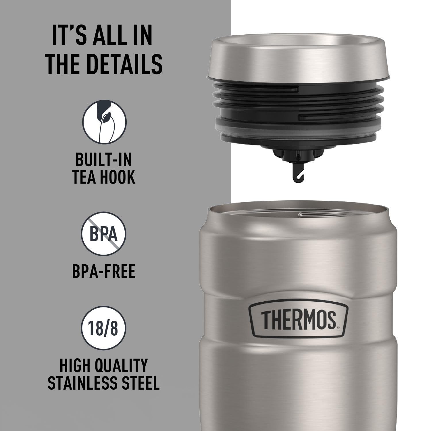 THERMOS Stainless King vacuum insulation keeps coffee hot 7 hours.