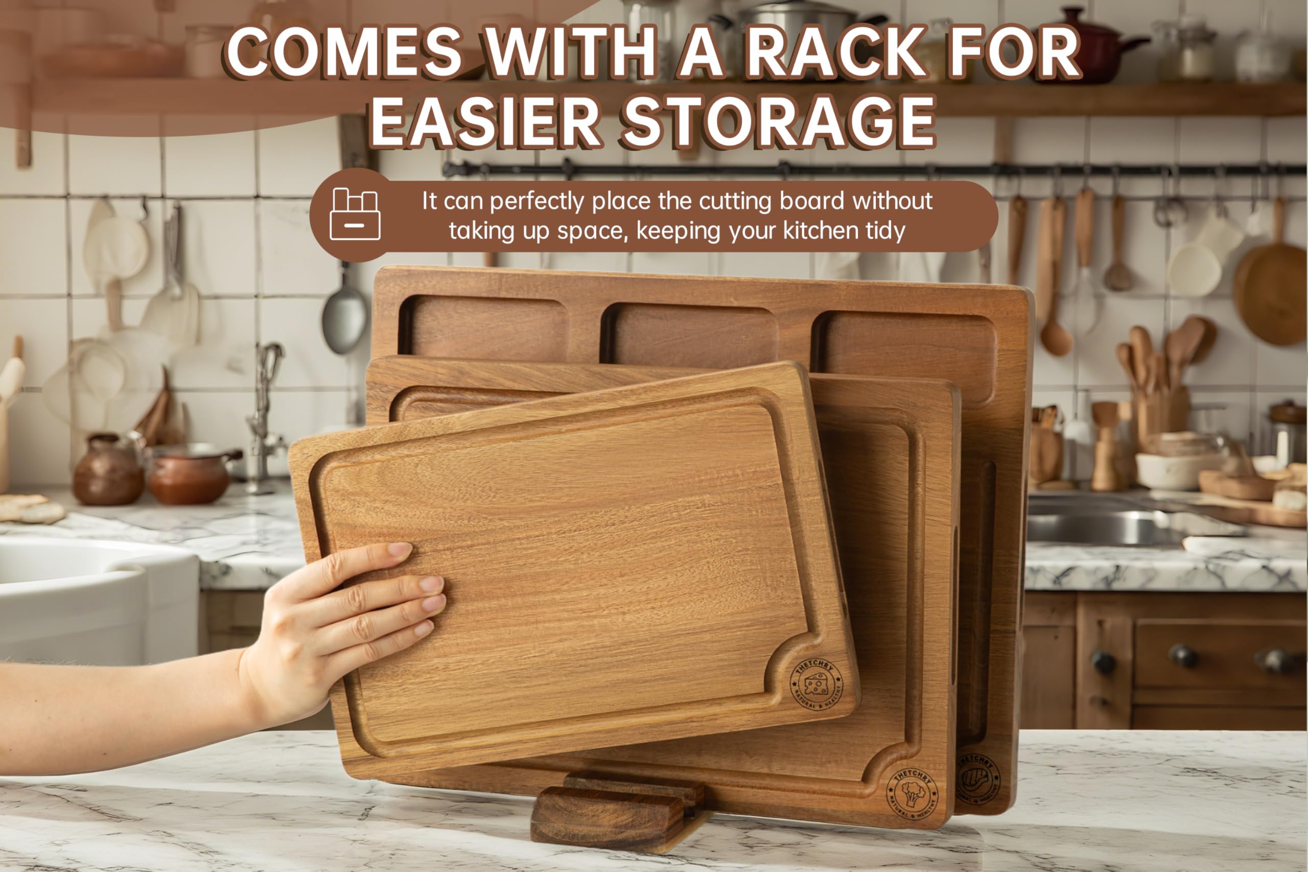 thetchry acacia board rack keeps boards tidy and accessible