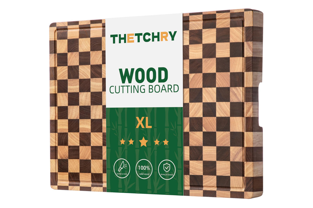 thetchry checkered cutting board front view with juice grooves for clean chopping