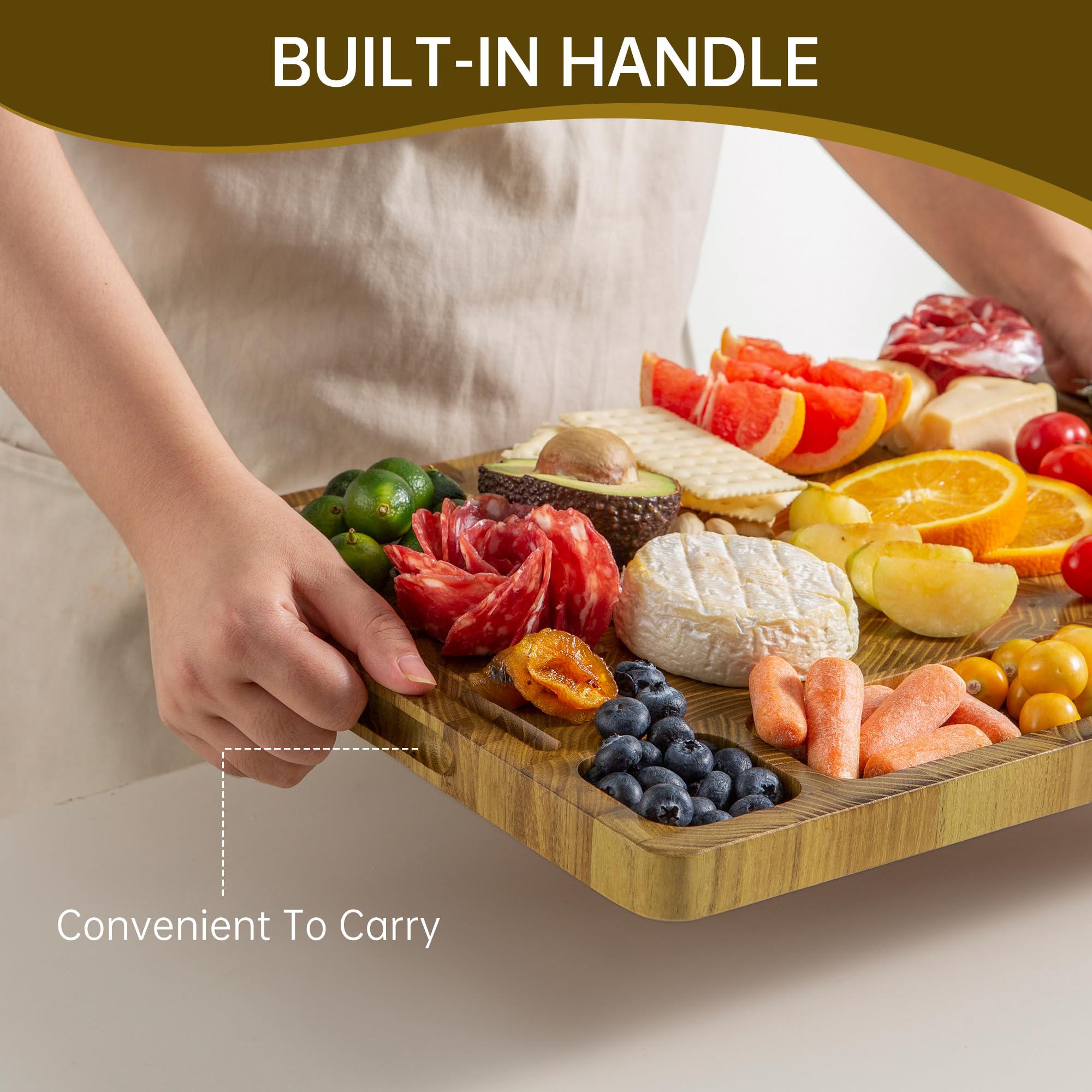 thetchry teak board with compartments for organized chopping and serving