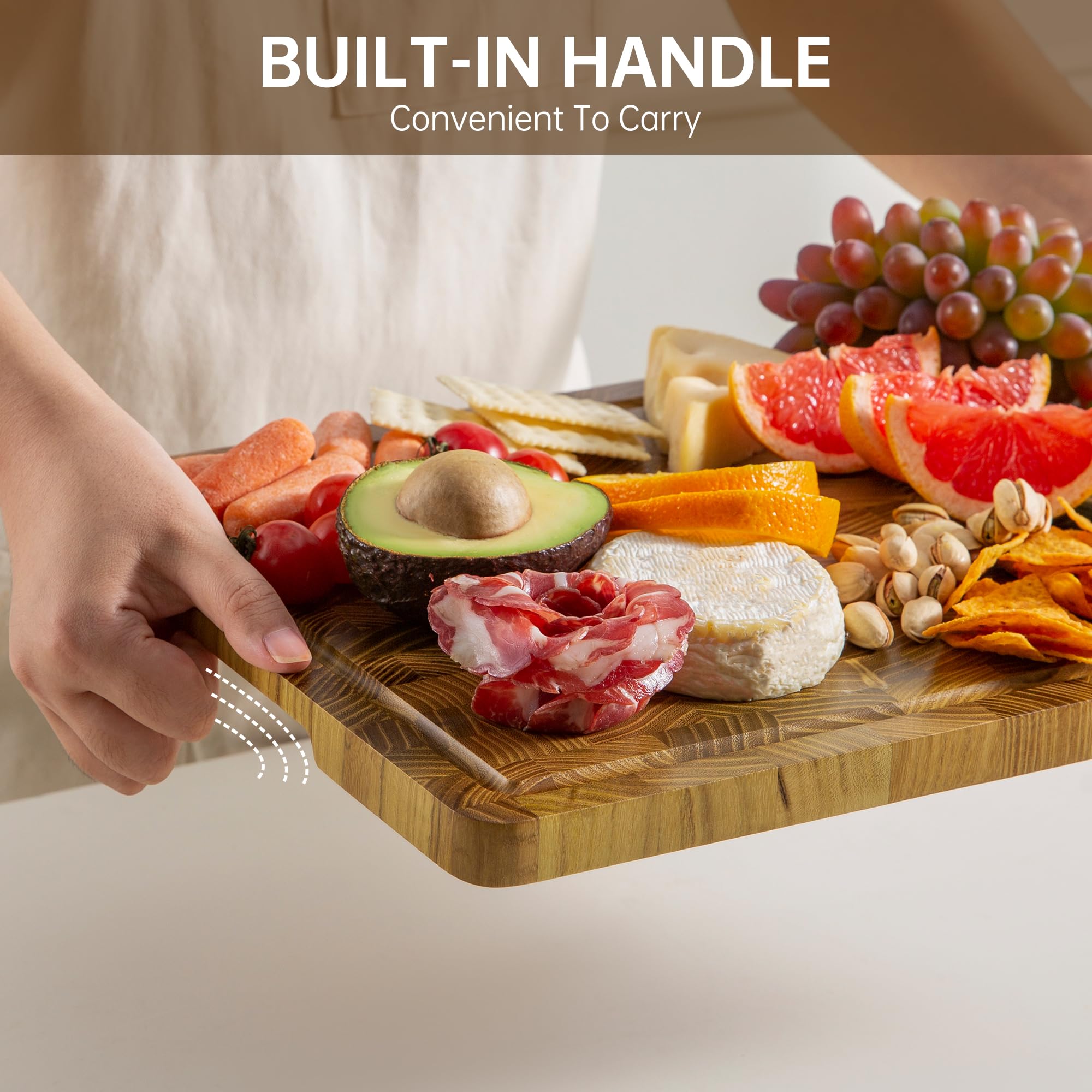 thetchry teak end grain cutting board with juice groove keeps counters clean