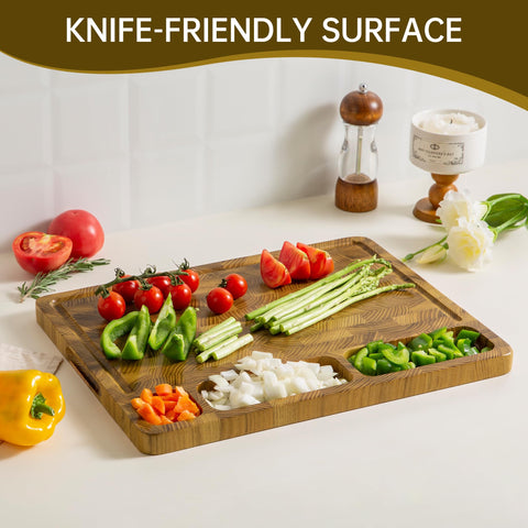 thetchry teak board with deep juice grooves contains liquids during prep