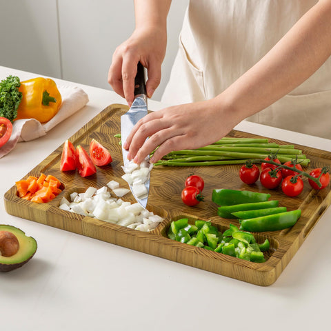 thetchry teak cutting board with handle for easy transport and serving
