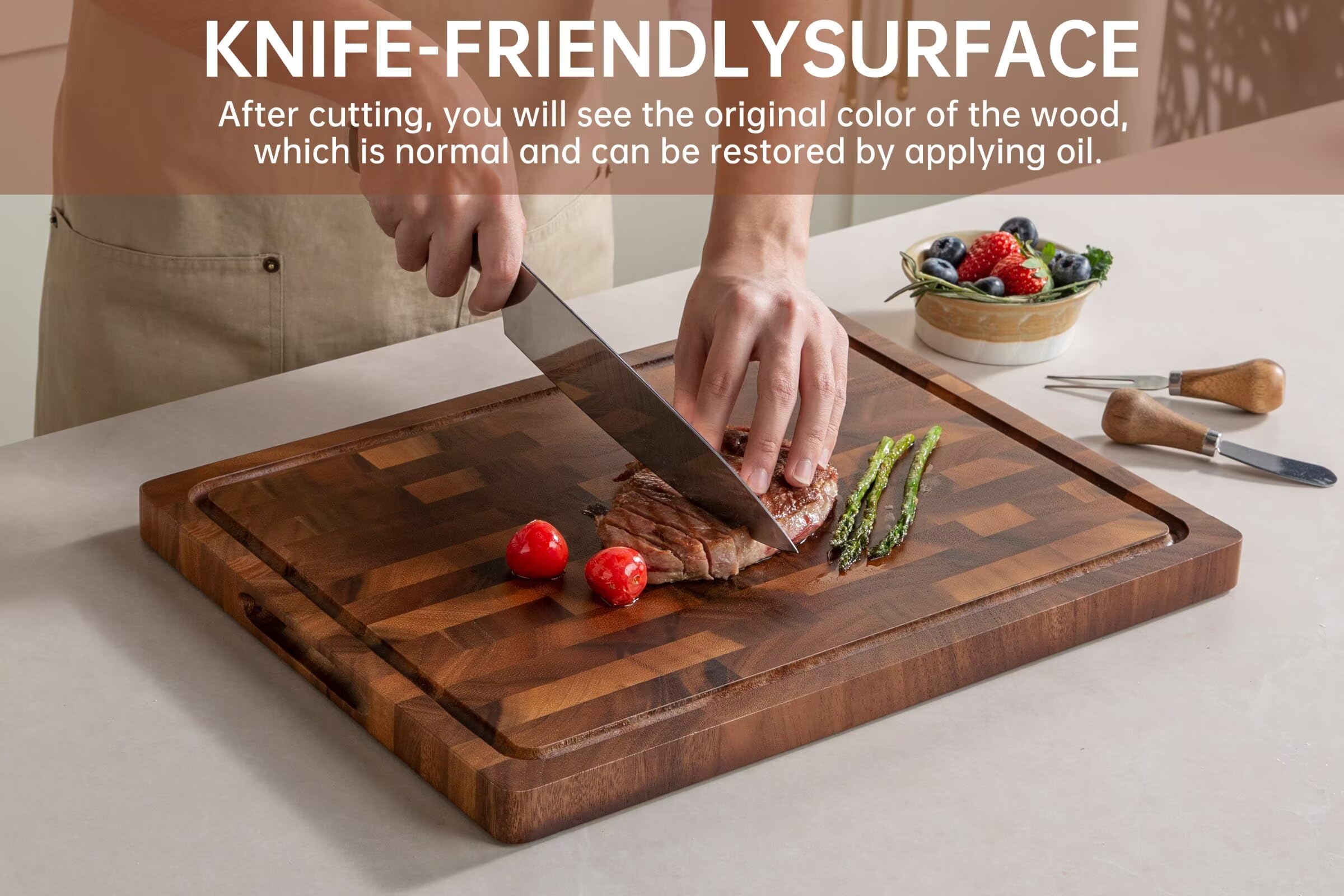 thetchry walnut cutting board with juice groove helps keep countertops clean