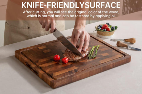 thetchry walnut cutting board with juice groove helps keep countertops clean