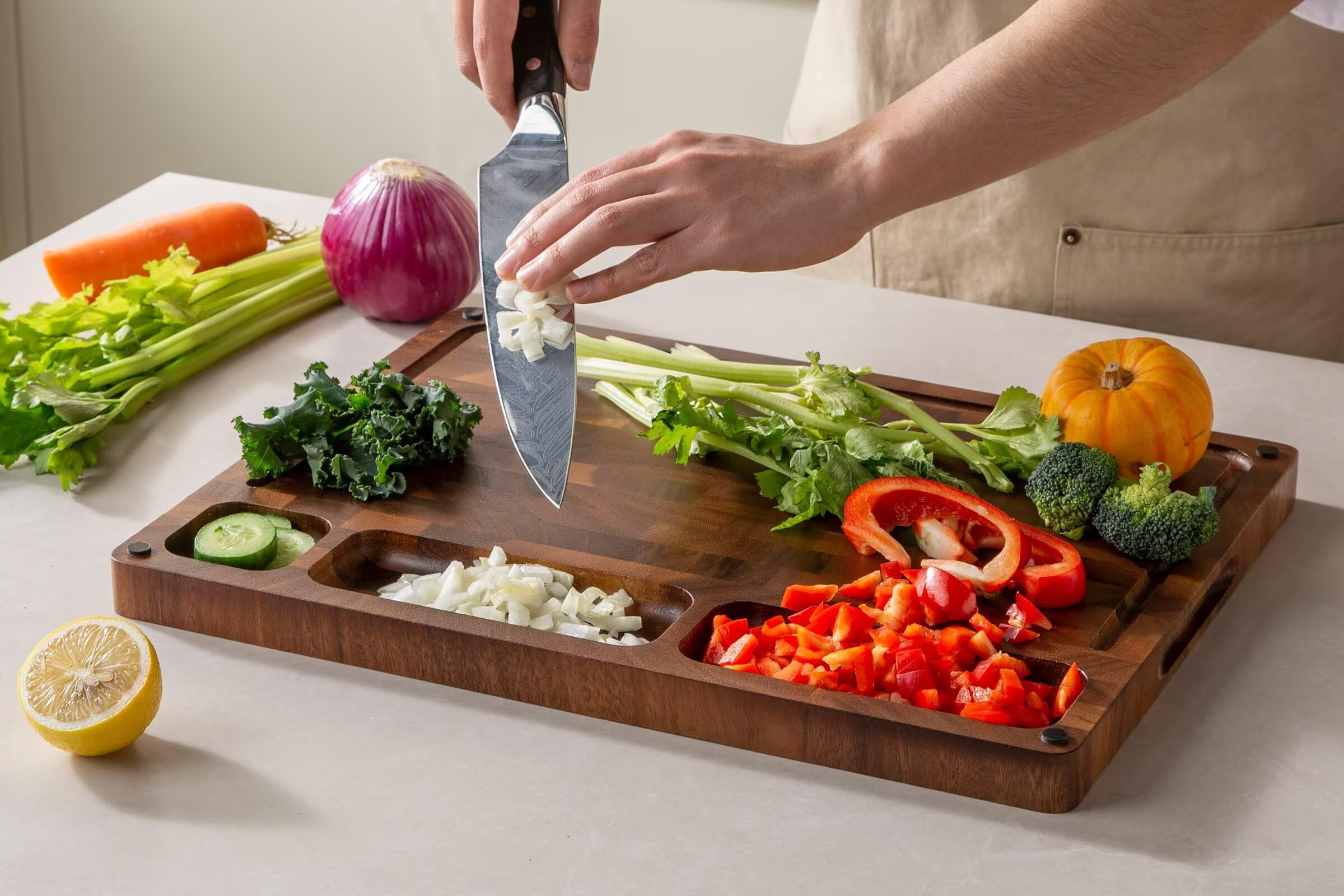 thetchry walnut cutting board doubles as a stylish serving plank