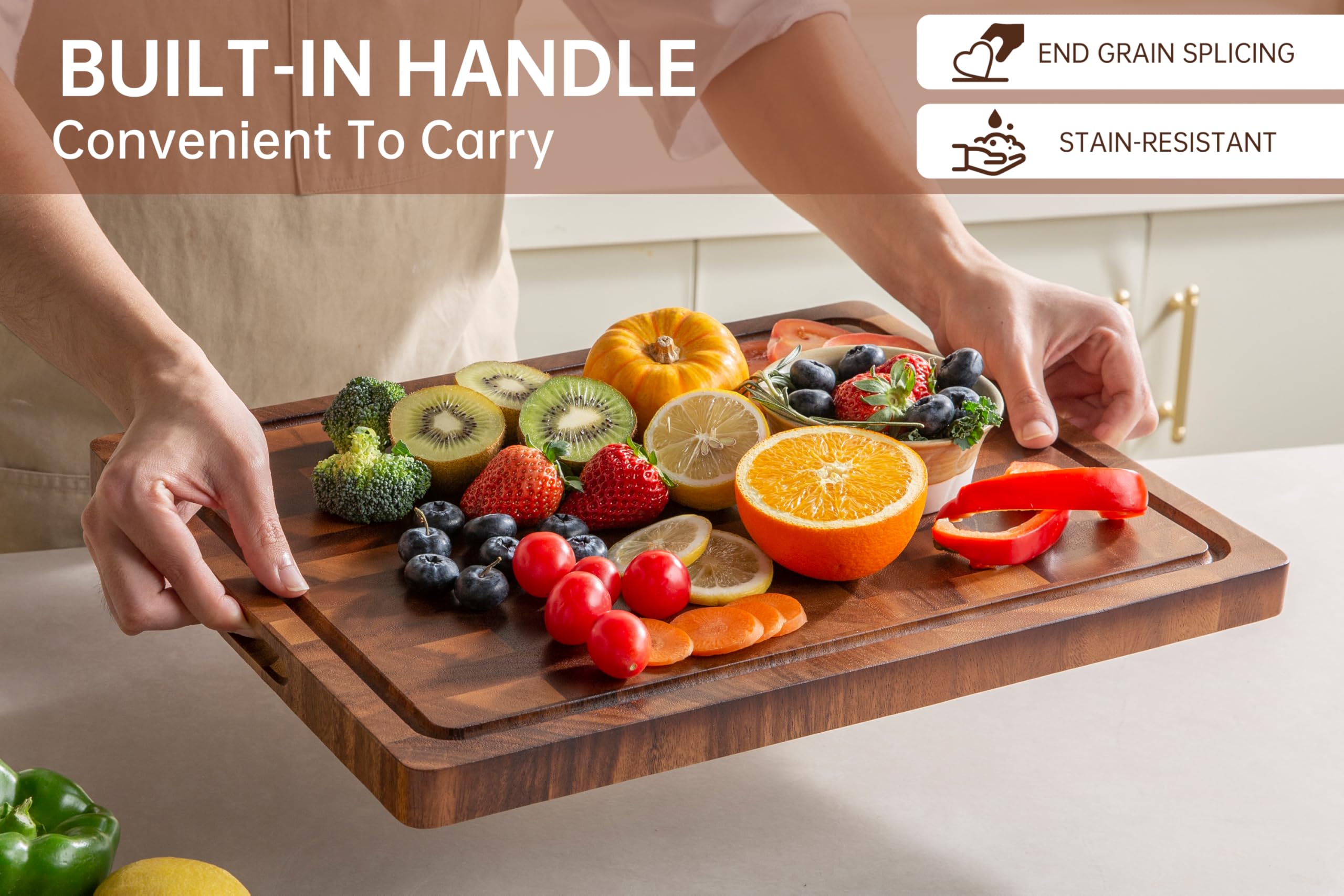 thetchry walnut cutting board with handle enables easy transport from prep to table