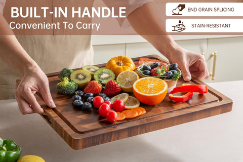 thetchry walnut cutting board with handle enables easy transport from prep to table