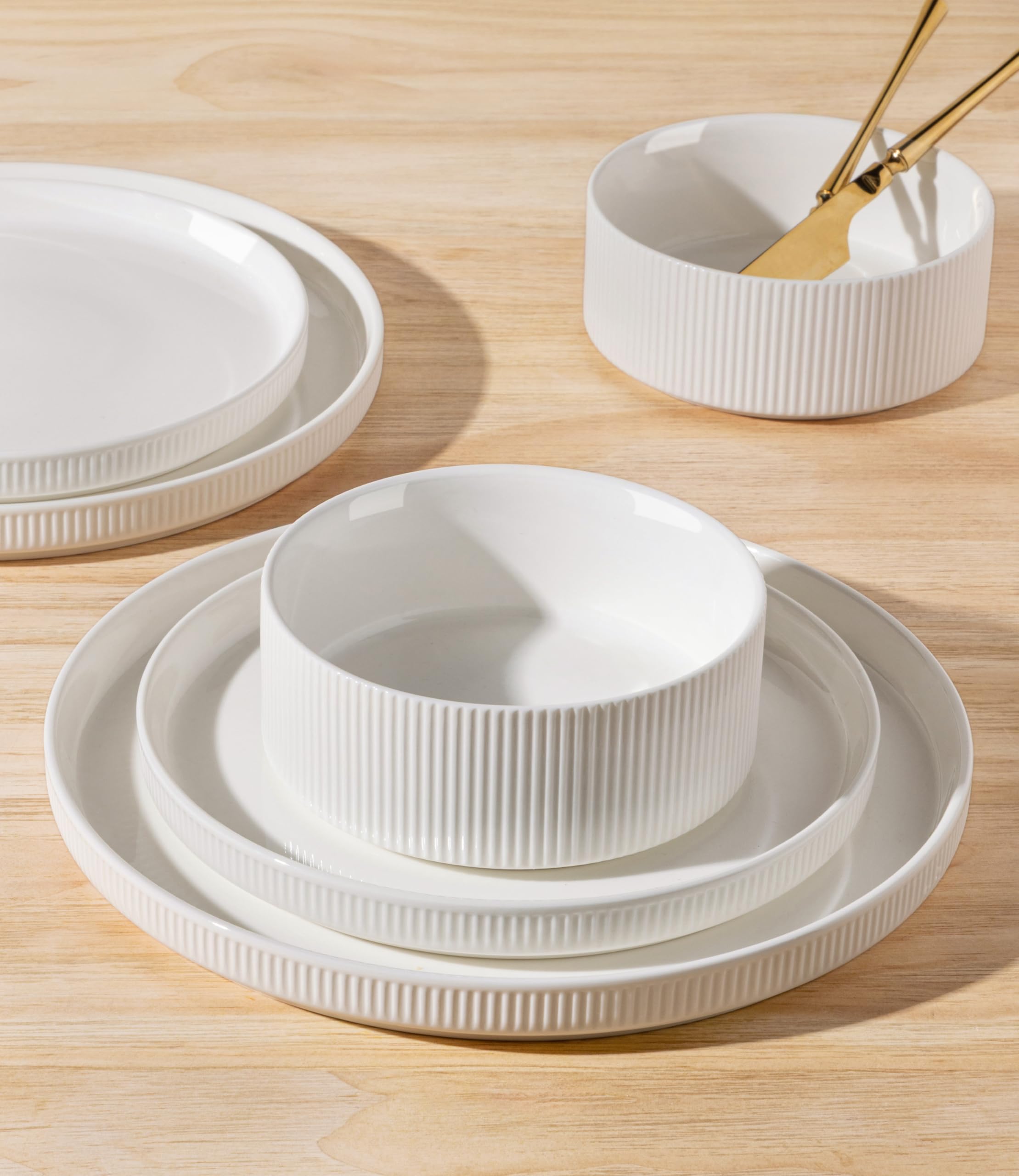 TheTerra stackable dinnerware set saves cabinet space with a compact design.