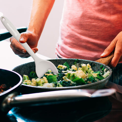 Thimmamma dishwasher-safe silicone spoons simplify cleaning after cooking.