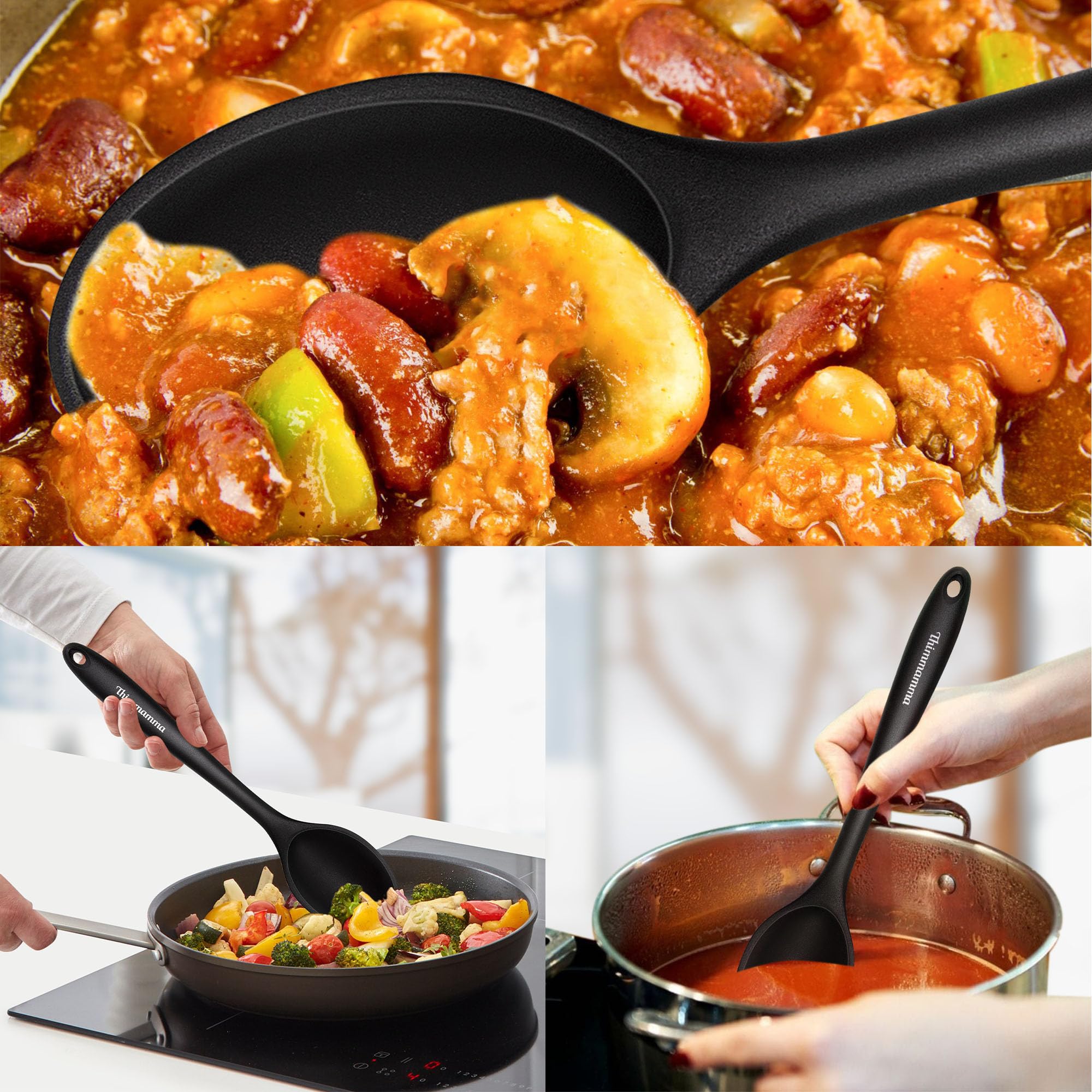 Thimmamma silicone spoon nonstick-friendly design prevents scratching during cooking.