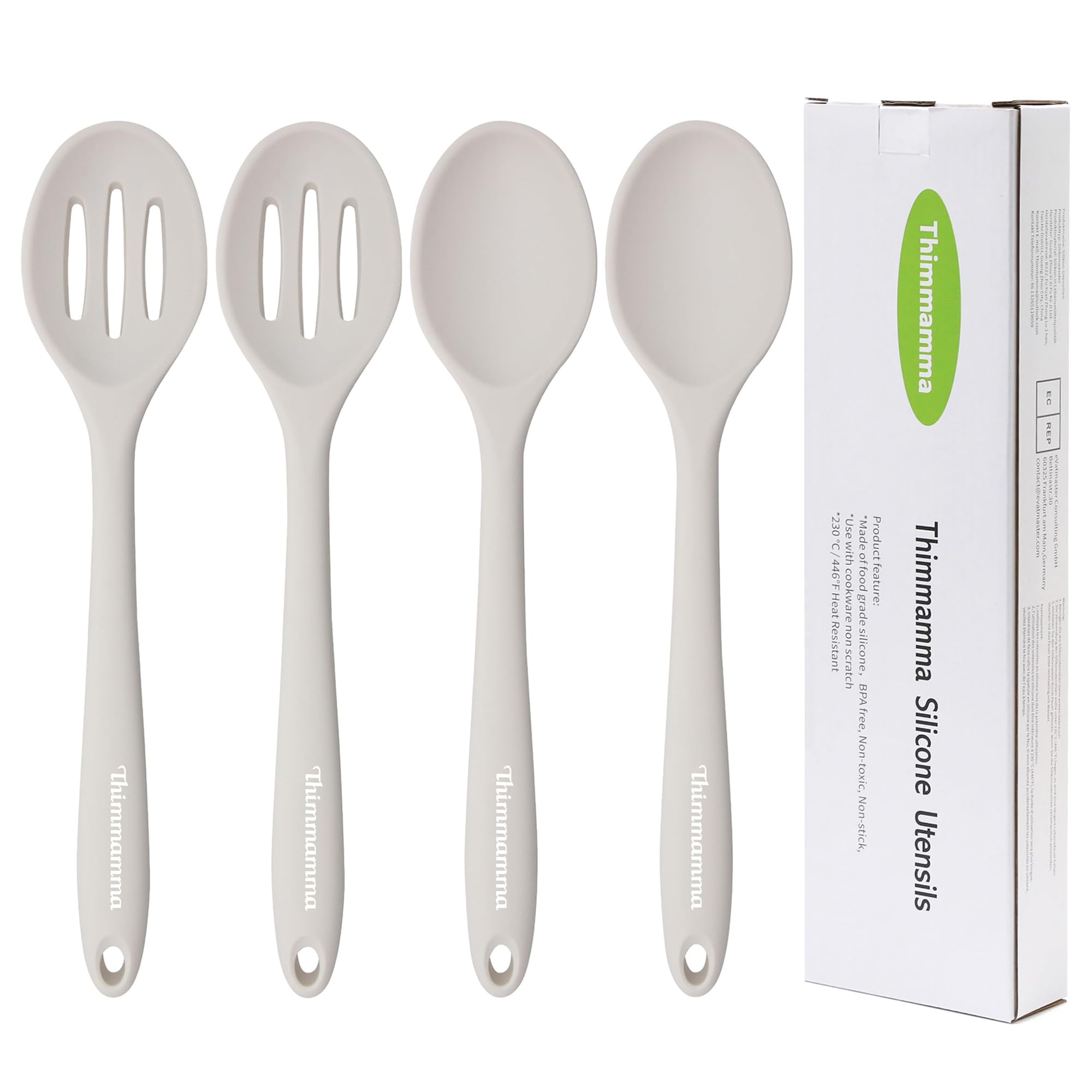 Thimmamma slotted silicone spoon for draining liquids while cooking.