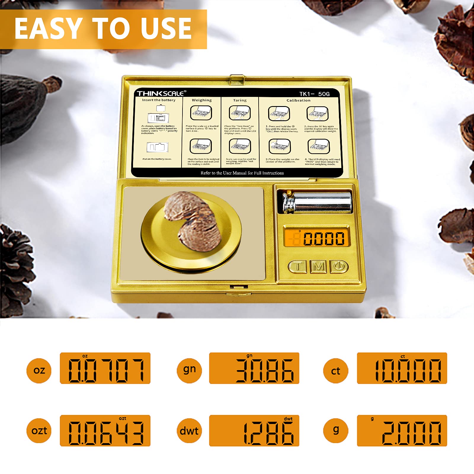 THINKSCALE includes 50 g calibration weight for quick self-calibration