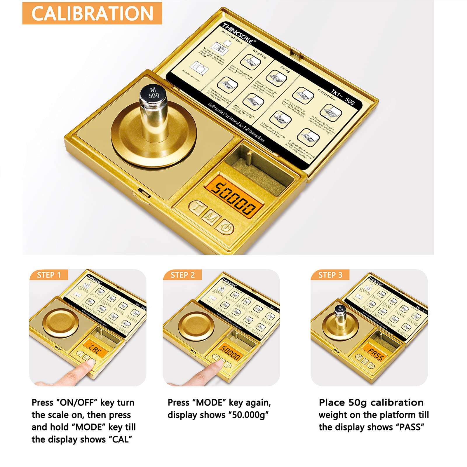 THINKSCALE comes with tweezers, spoon, and pan for small-item handling