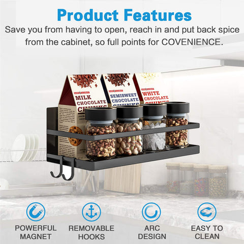 Thipoten magnetic spice rack with removable hooks for scissors and spoons.