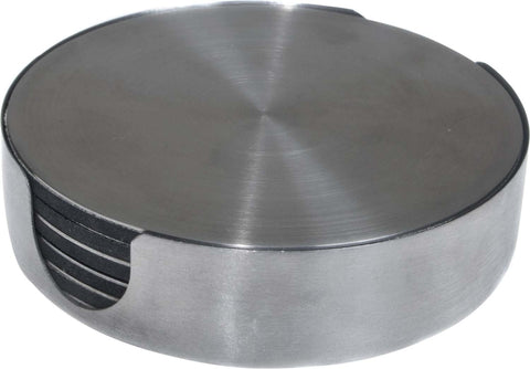 Thirstystone stainless steel coasters in the holder protect surfaces from heat and moisture.